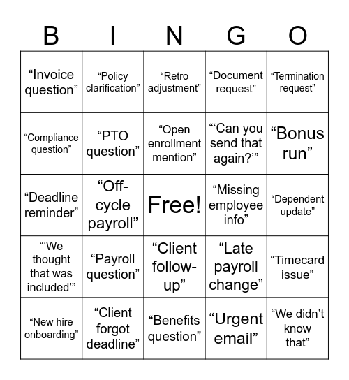 PEO Bingo Card