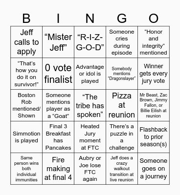 Survivor 50 Finale bingo Card