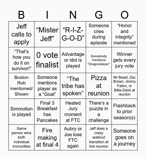 Survivor 50 Finale bingo Card