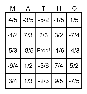 Fraction MATHO Bingo Card