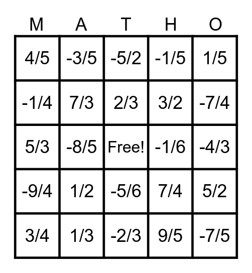 Fraction MATHO Bingo Card