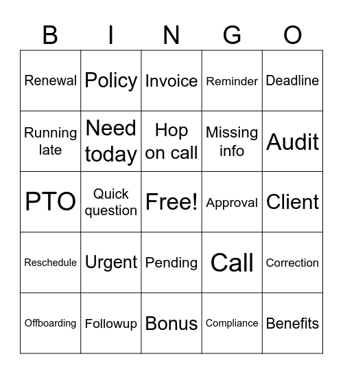 PEO Bingo Card