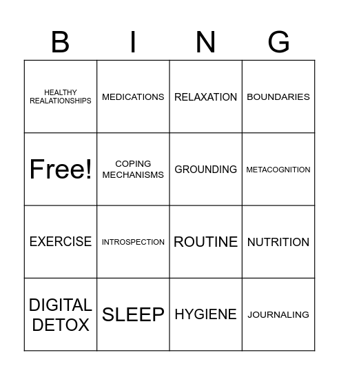 SELF-CARE AND MENTAL HEALTH BINGO Card