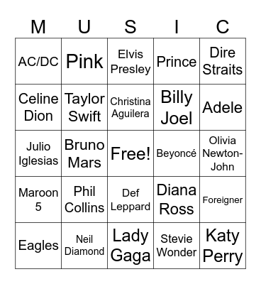 Musical Artists Bingo Card