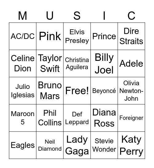 Musical Artists Bingo Card