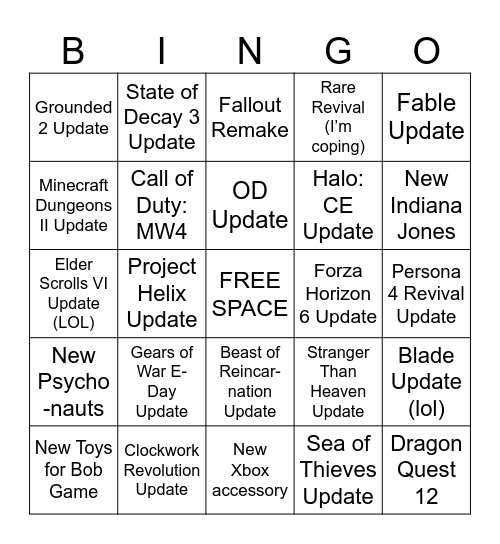 Xbox Games Showcase 2026 Bingo Card
