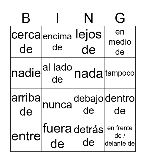 WILSON Prepositions AND Negatives  Bingo Card