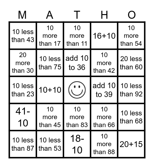 10 more 10 less 100 more 100 less Bingo Card