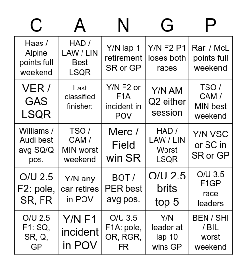 Montreal Bingo Card