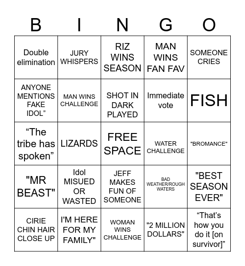 SURVIVOR 50 PREMIERE Bingo Card