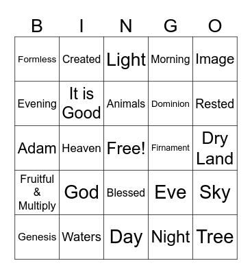 VBS:  The Creation Bingo Card