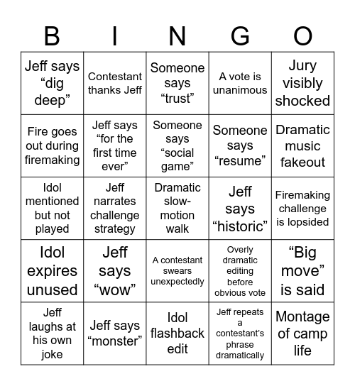 Survivor 50 Bingo Card