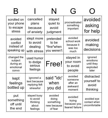 Avoidance Bingo Card