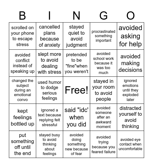 Avoidance Bingo Card