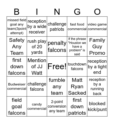Super Bowl Bingo! Bingo Card