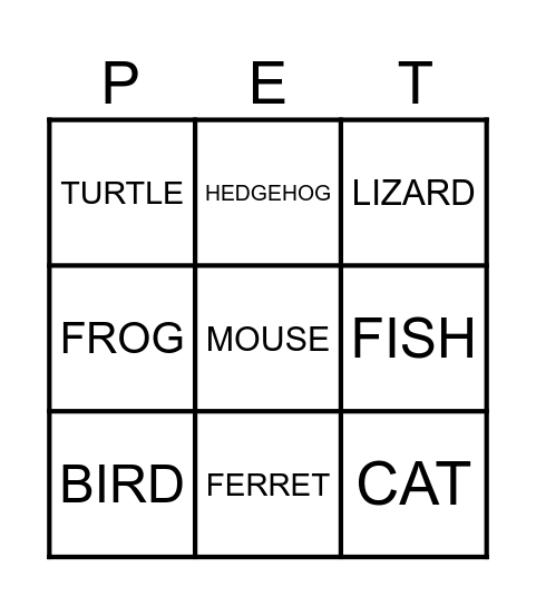 HOUSEHOLD PETS Bingo Card