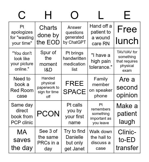 Surgery Clinic Bingo Card