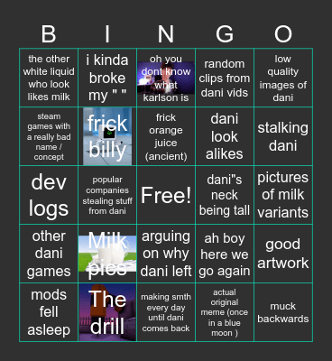 the r/danidev bingo Card
