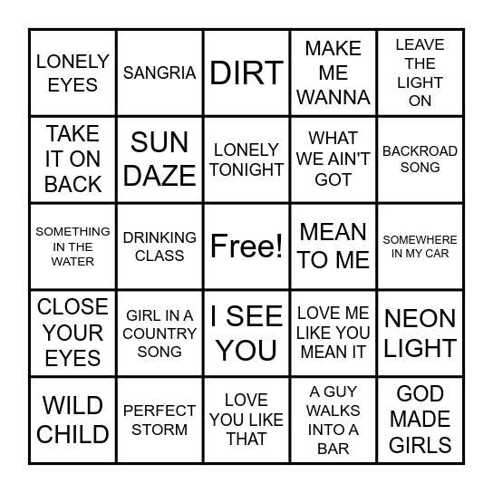 COUNTRY HITS #1 Bingo Card