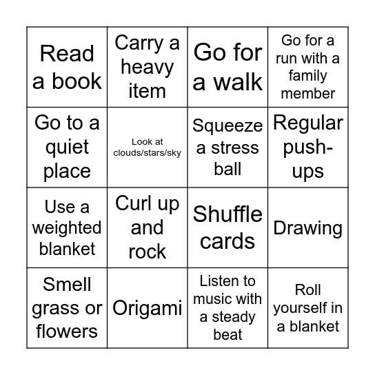 Calming Strategy Bingo Card