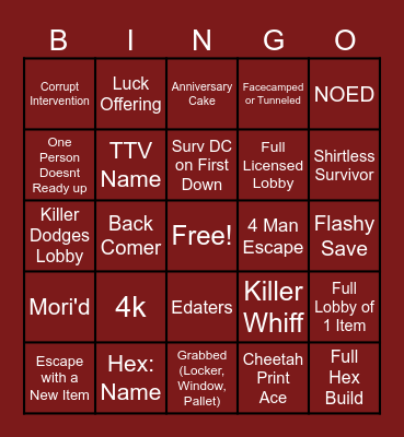 Dead By Daylight Bingo Card