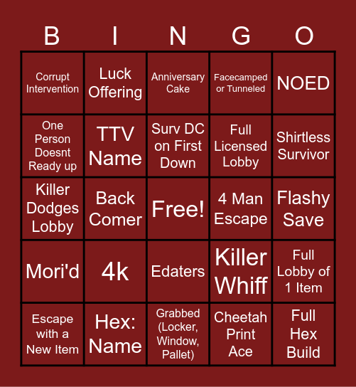 Dead By Daylight Bingo Card