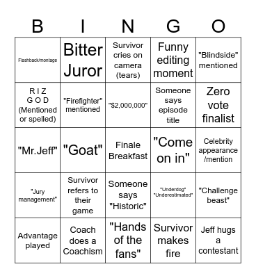 Survivor 50 Bingo Finale Bingo Card