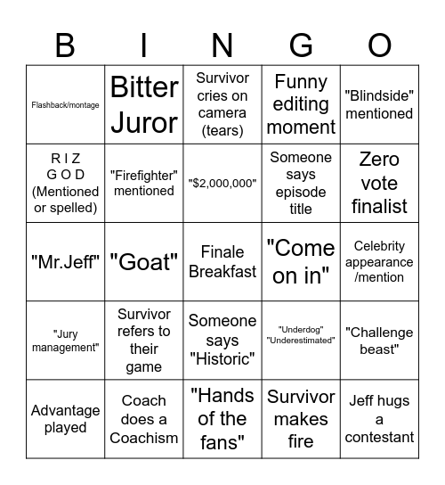 Survivor 50 Bingo Finale Bingo Card