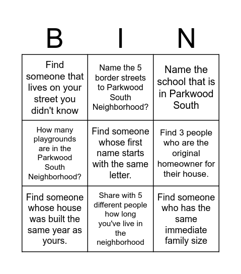 Parkwood South Neighborhood Bingo Card