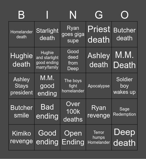 The boys final bingo Card