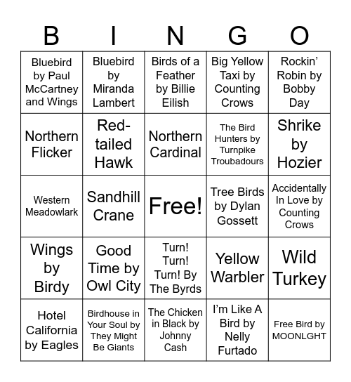 Birdy Nature Music Bingo Card