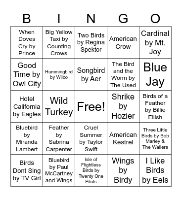 Birdy Nature Music Bingo Card