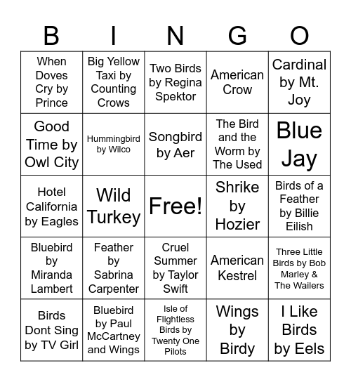 Birdy Nature Music Bingo Card