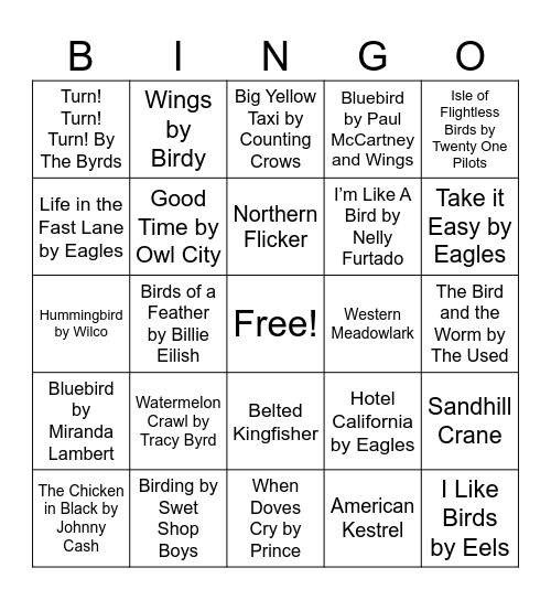 Birdy Nature Music Bingo Card