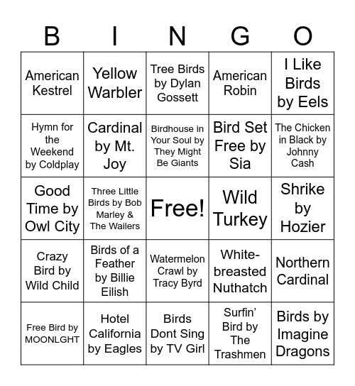 Birdy Nature Music Bingo Card