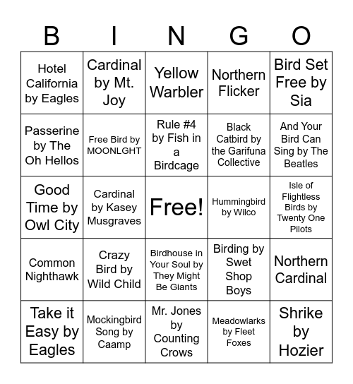 Birdy Nature Music Bingo Card