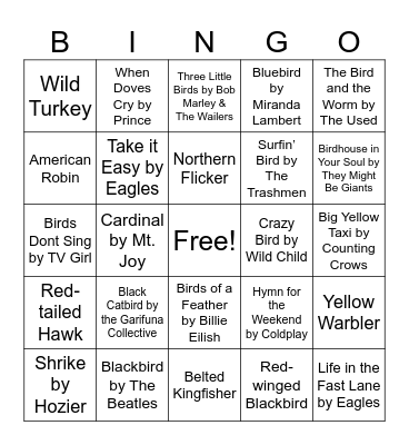 Birdy Nature Music Bingo Card