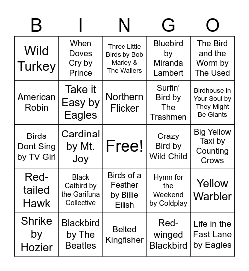 Birdy Nature Music Bingo Card