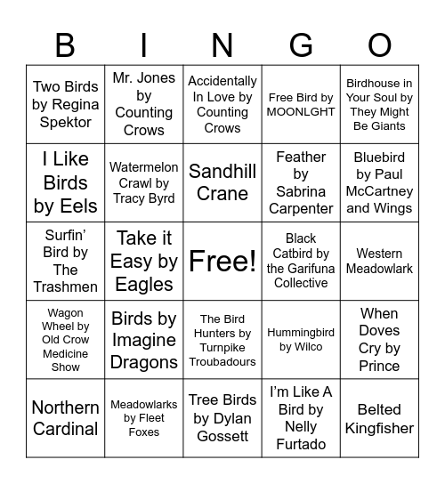 Birdy Nature Music Bingo Card