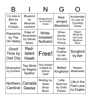 Birdy Nature Music Bingo Card
