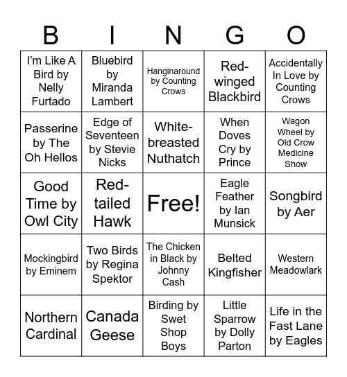 Birdy Nature Music Bingo Card