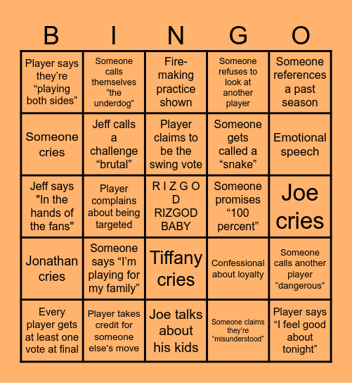 Survivor 50 Finale Bingo Card