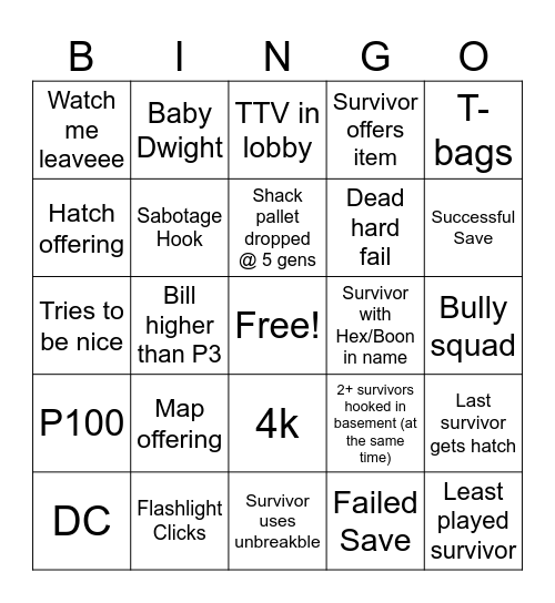 Dead by Daylight Killer Bingo Card