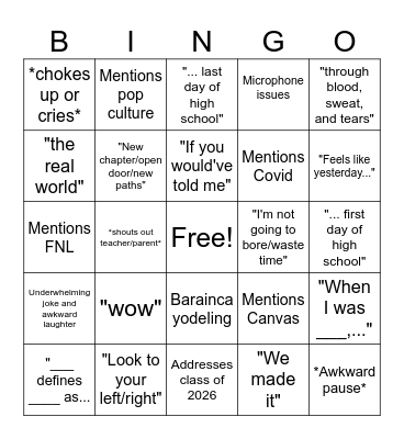 Val/Sal Speech Bingo Card