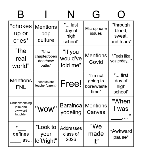 Val/Sal Speech Bingo Card