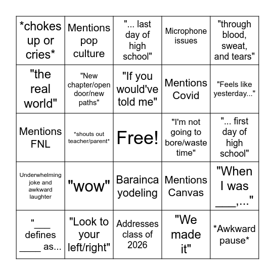Val/Sal Speech Bingo Card