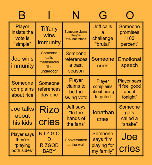 Survivor 50 Finale Bingo Card