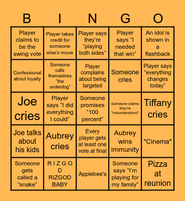 Survivor 50 Finale Bingo Card