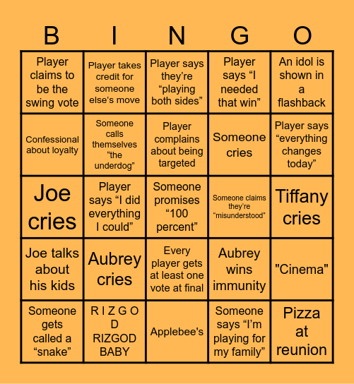Survivor 50 Finale Bingo Card