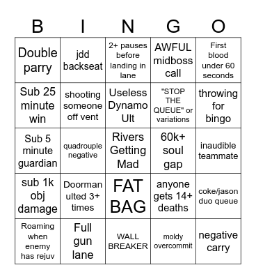 Deadlock Bingo Card